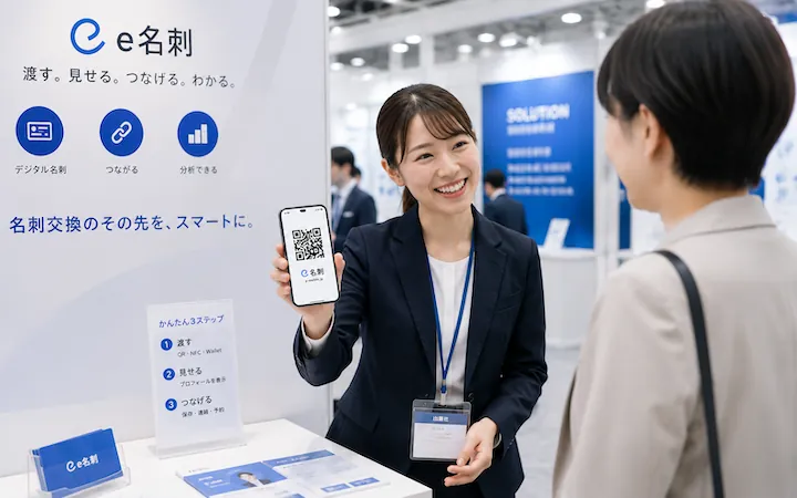 展示会で営業がe名刺を渡している